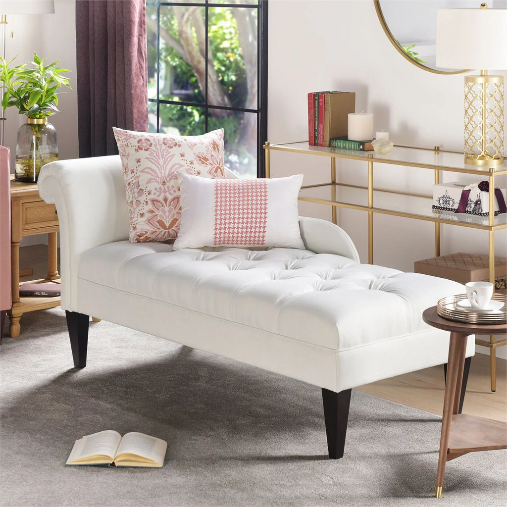 Antique White Hardwood Tufted Roll Arm Chaise Lounge P744