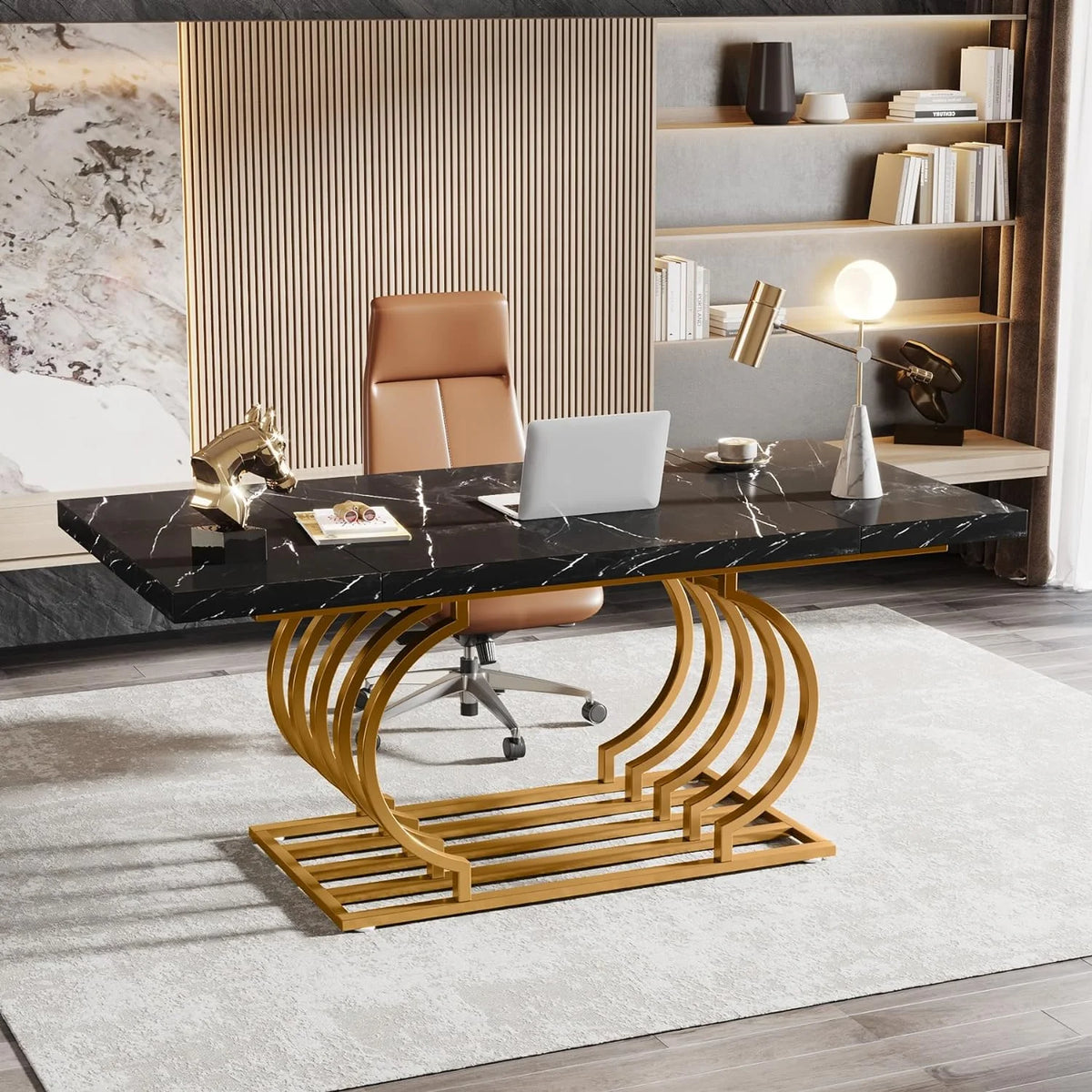 63" Computer Desk with Gold Metal Frame and Black Faux Marble Top Q327353