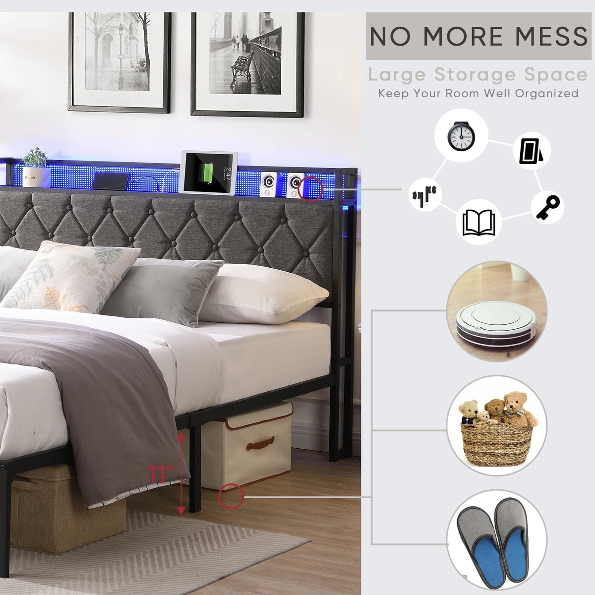 Full Size Upholstered Platform Bed Frame with USB Ports X80337