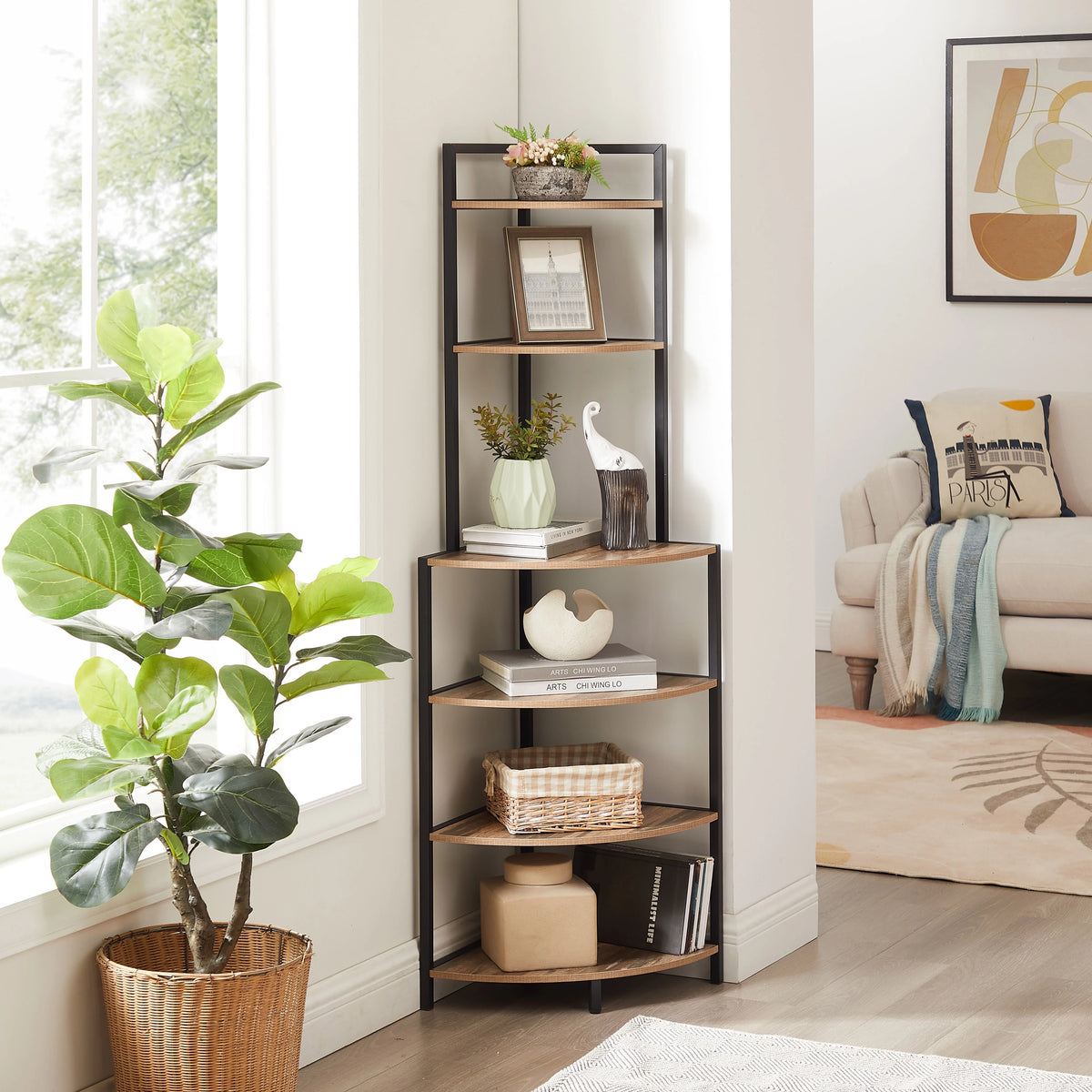6-Tier Corner Wood Bookcase Rustic Brown B96969