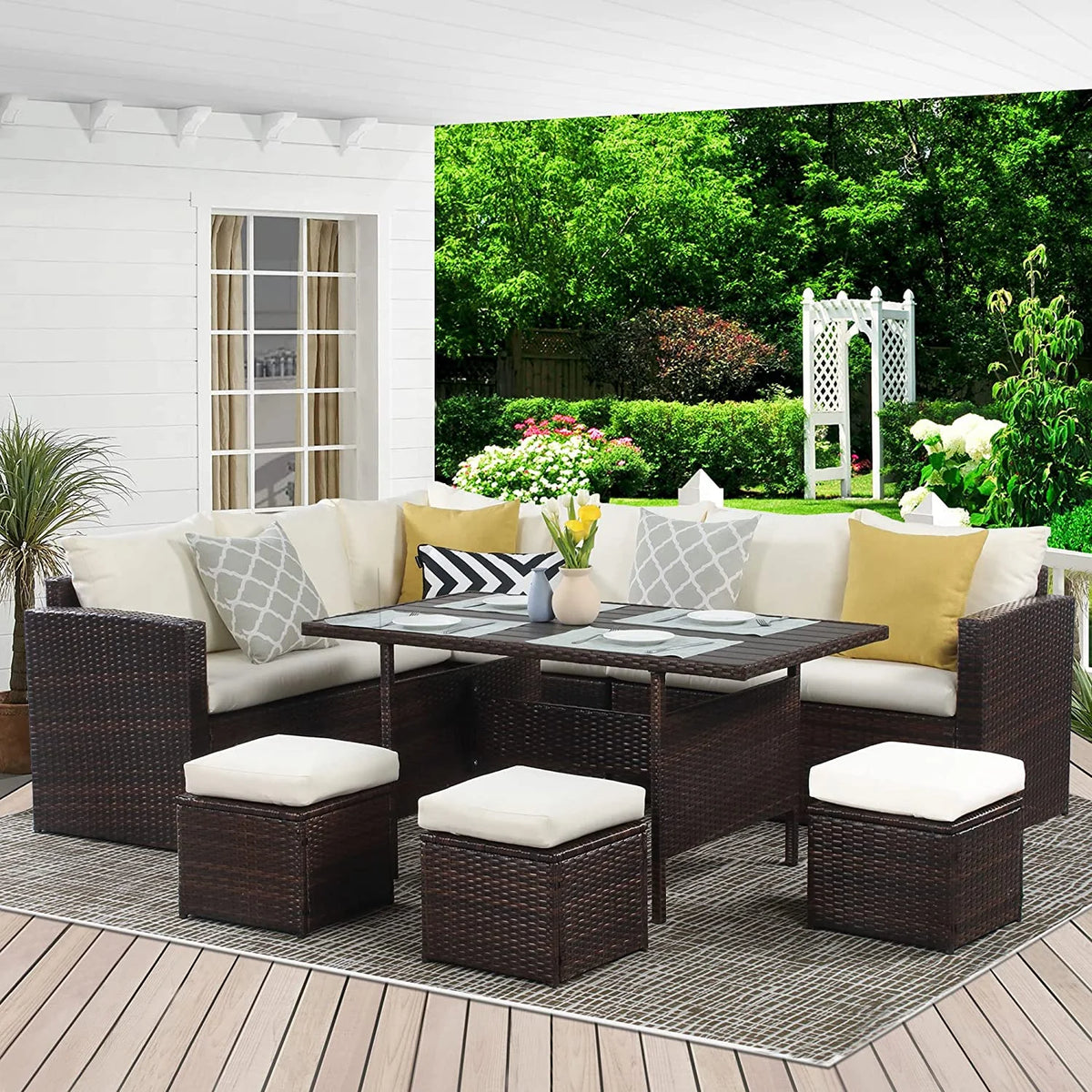 7 Piece All Weather Wicker Patio Dining Sofa Set with Ottoman L482858