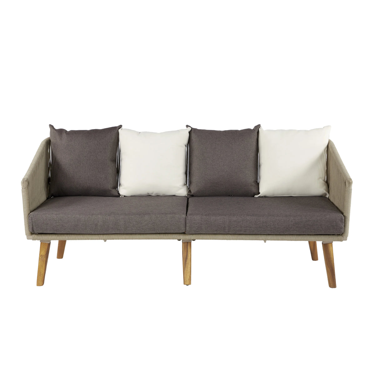Gray Woven Rope Wood Outdoor Sofa with Polyester Cushions N939