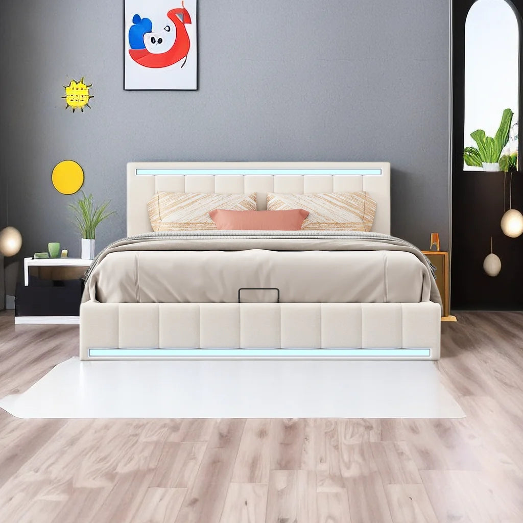 Queen Size Upholstered Platform Bed with Hydraulic Storage and USB Ports E218694