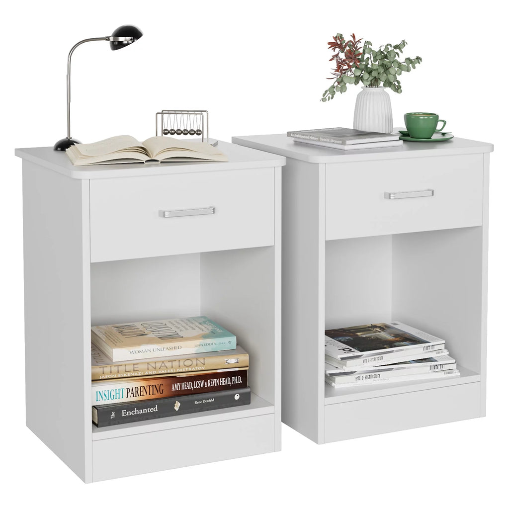 White 2-Tier Nightstand with Drawer and Storage Shelf, Set of 2 O2766
