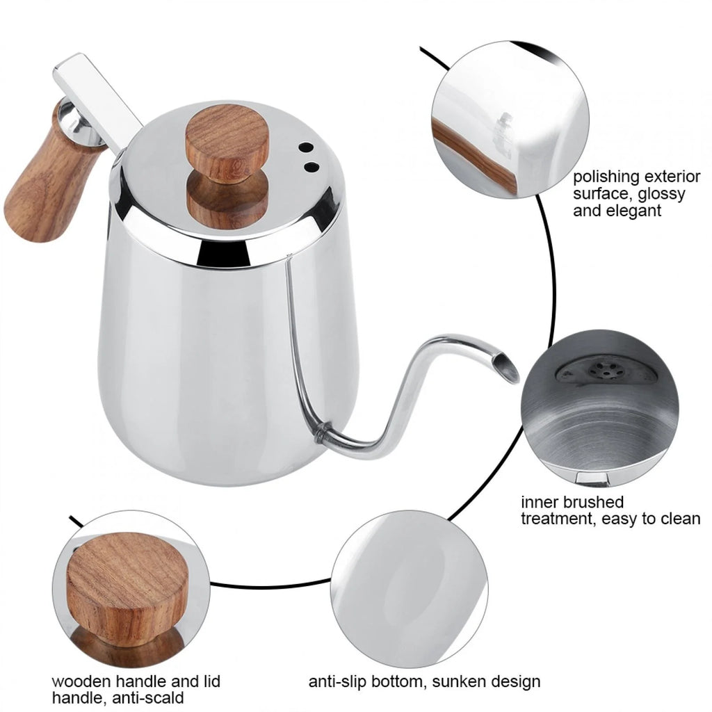 Stainless Steel Wooden Handle Gooseneck Coffee Kettle, 350ml Y441509