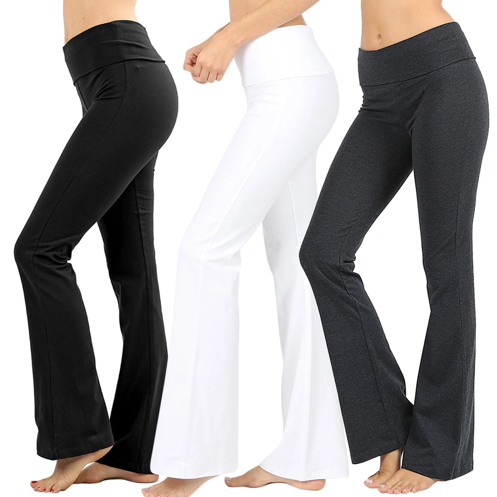 Cotton Fold-Over High Waist Bootcut Yoga Pants H9009