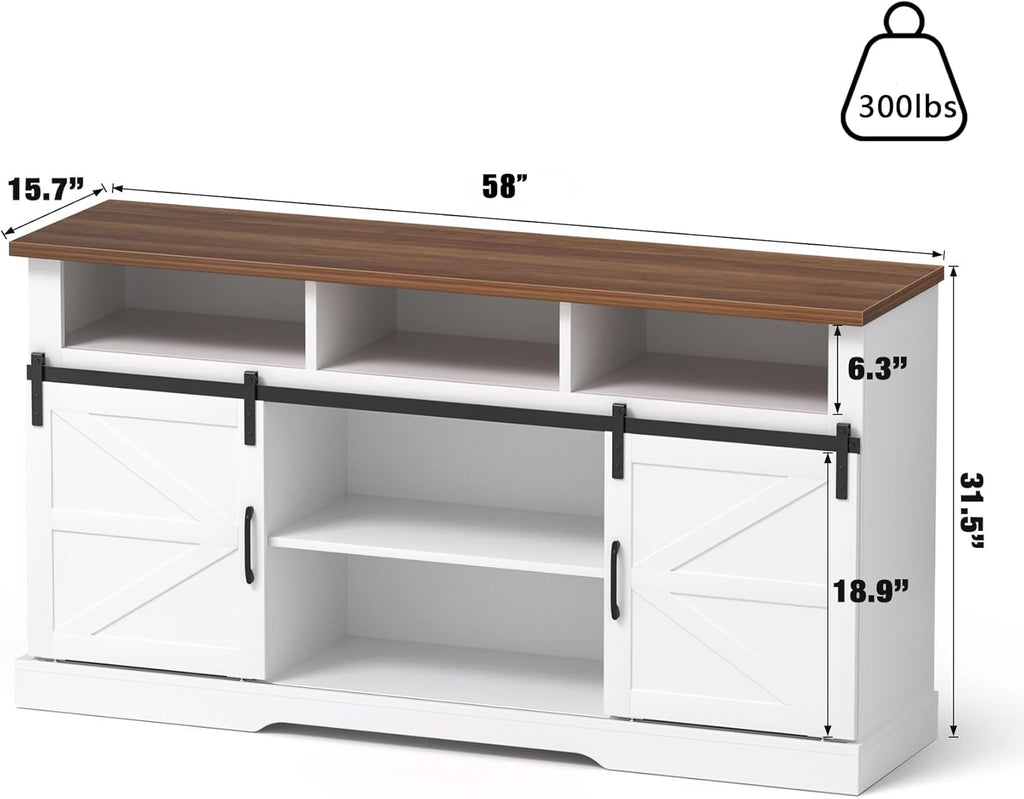 White 58" Coffee Bar Cabinet with Sliding Barn Door and Adjustable Shelf T39372