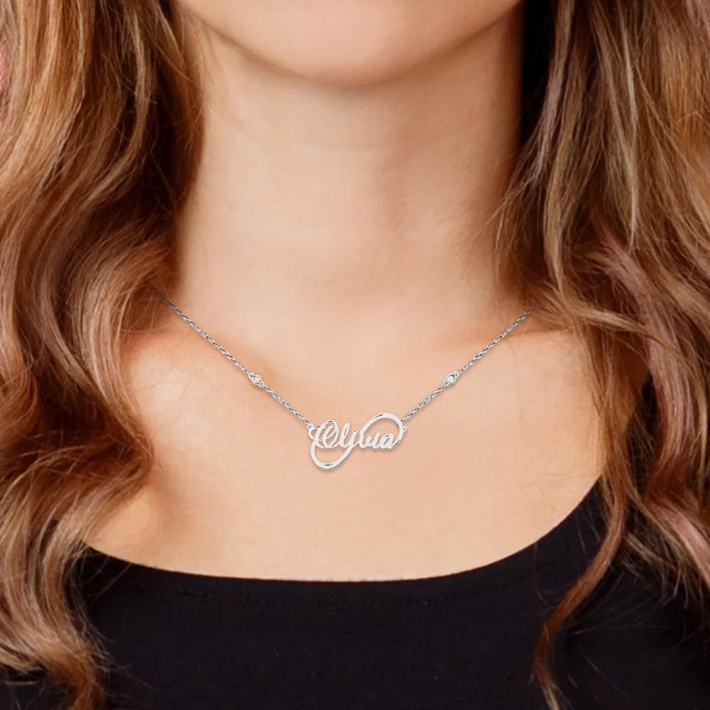 Sterling Silver Script Name Infinity Birthstone Necklace K718