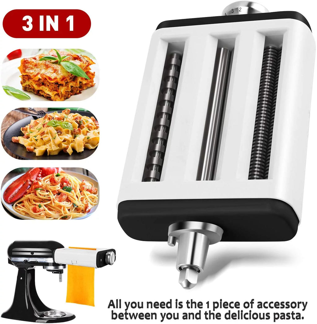 3 In 1 Pasta Maker Attachment for Kitchenaid Mixer with Pasta Dough Roller, Spaghetti Cutter, Fettuccine Cutter and Cleaning Brush G776108