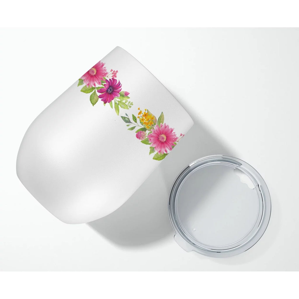 Cavapoo Pink Flowers Stainless Steel 12 oz Stemless Wine Glass P37258