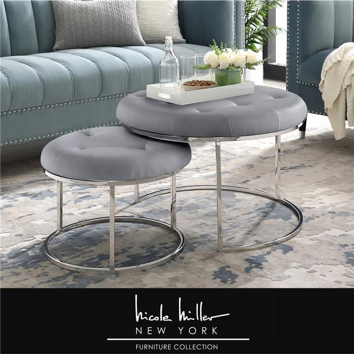 Gray Faux Leather Nesting Ottoman Set of 2 V826