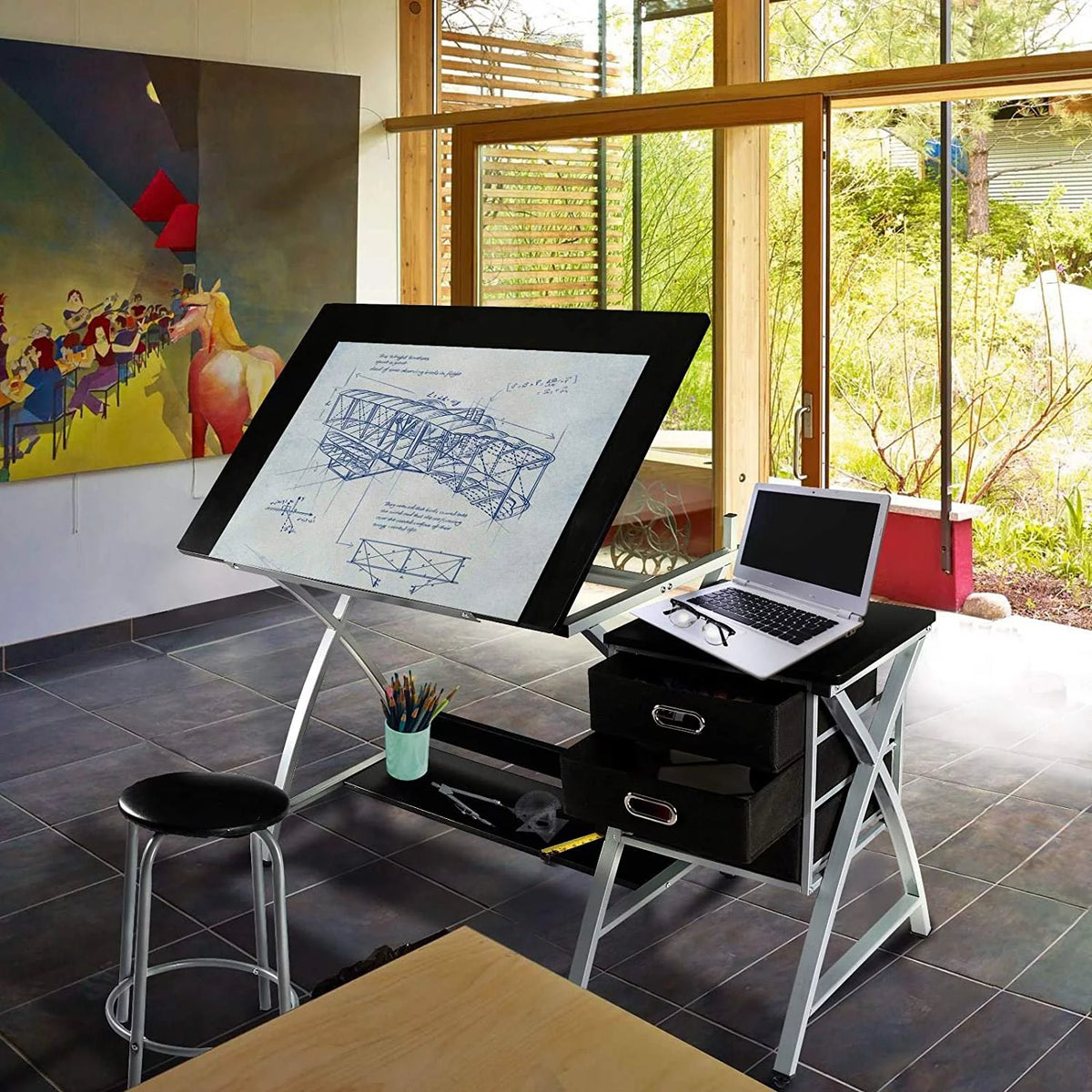 Adjustable Drafting Desk with Stool and 3 Slide Drawers B356413