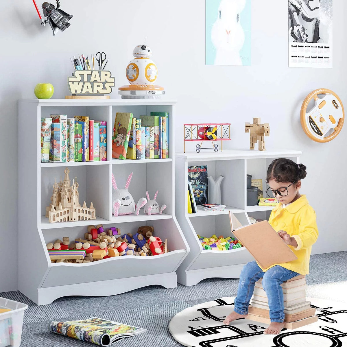 White Wood Toy Storage Cabinet with 5 Bins T89881