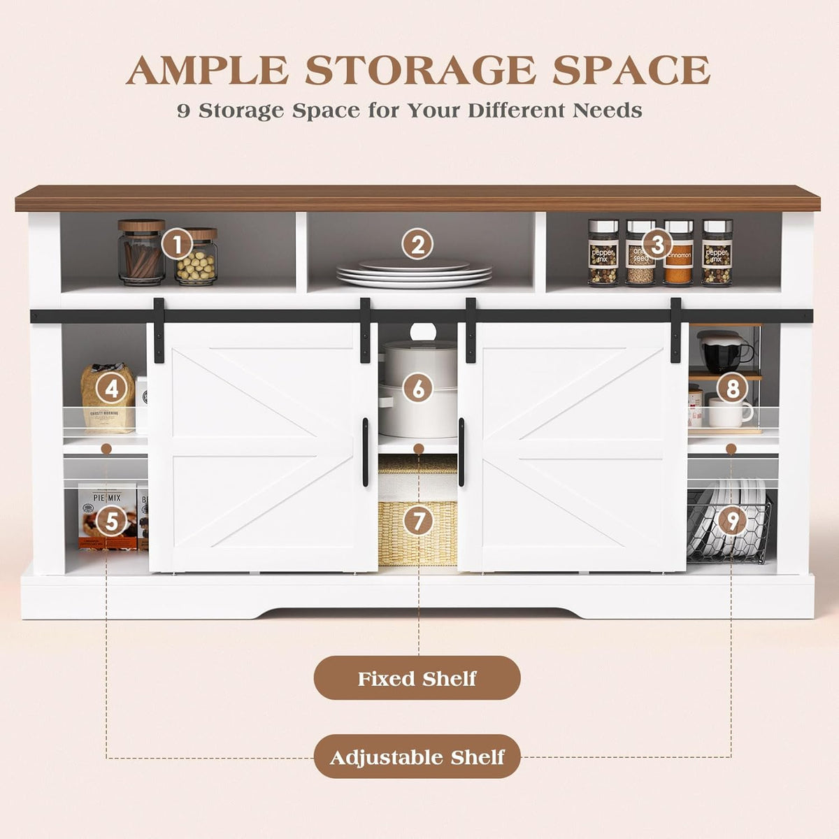White 58" Coffee Bar Cabinet with Sliding Barn Door and Adjustable Shelf T39372