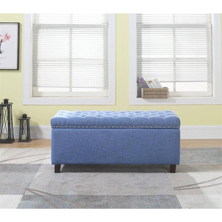 Blue Button Tufted Storage Ottoman with Nailhead W162
