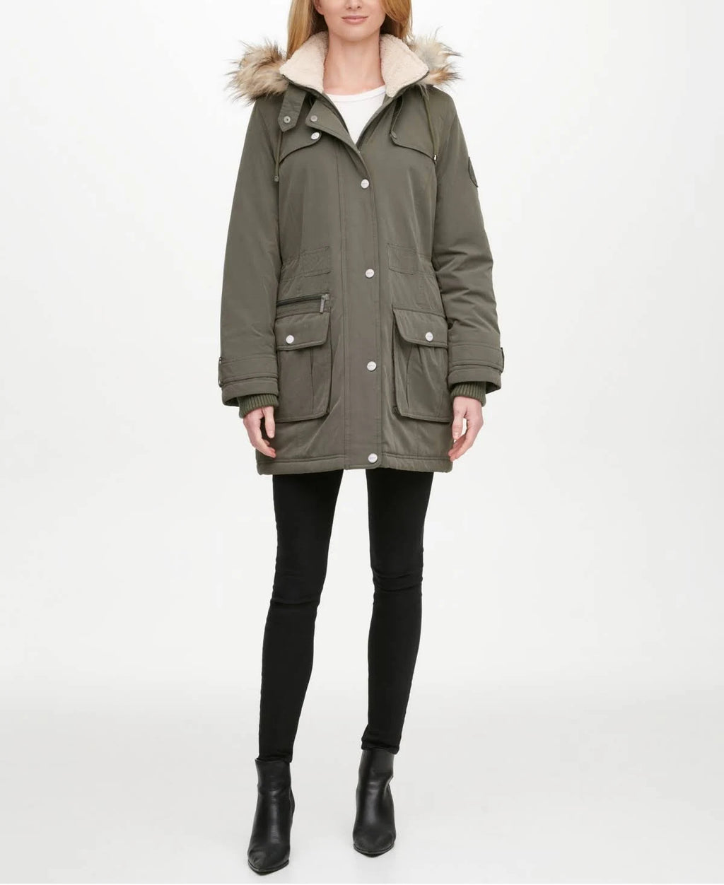 Olive Faux-Fur Trim Hooded Water-Resistant Anorak Coat Q55217
