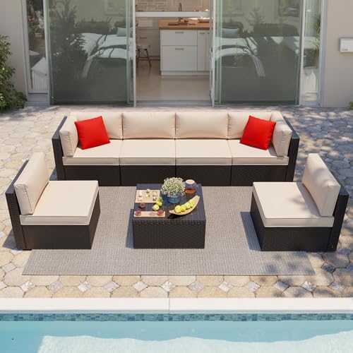 7 Pieces PE Rattan Wicker Patio Sofa Set with Glass Table B474130