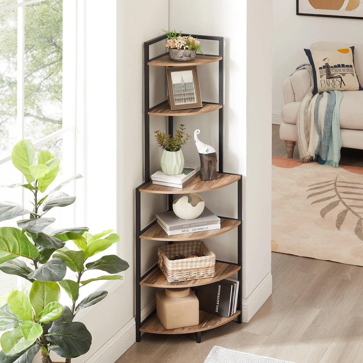 6-Tier Corner Wood Bookcase Rustic Brown B96969