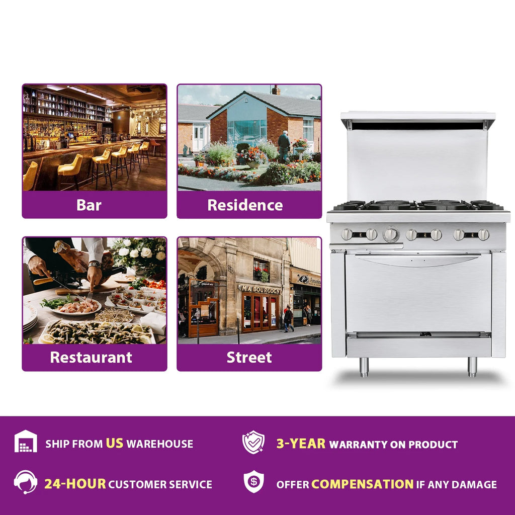 36 Commercial Gas Range Stove with 6 Burner 4.8 Cu.Ft Oven W234
