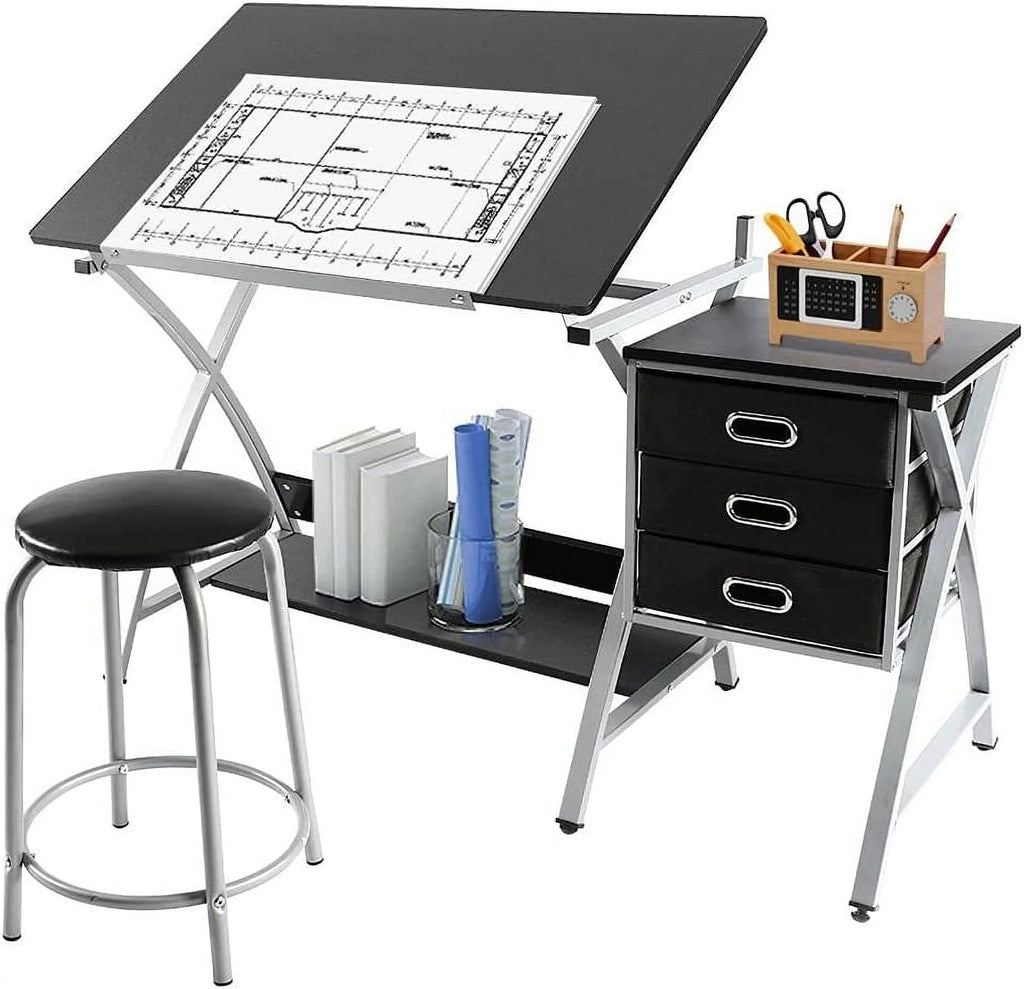 Adjustable Drafting Desk with Stool and 3 Slide Drawers B356413