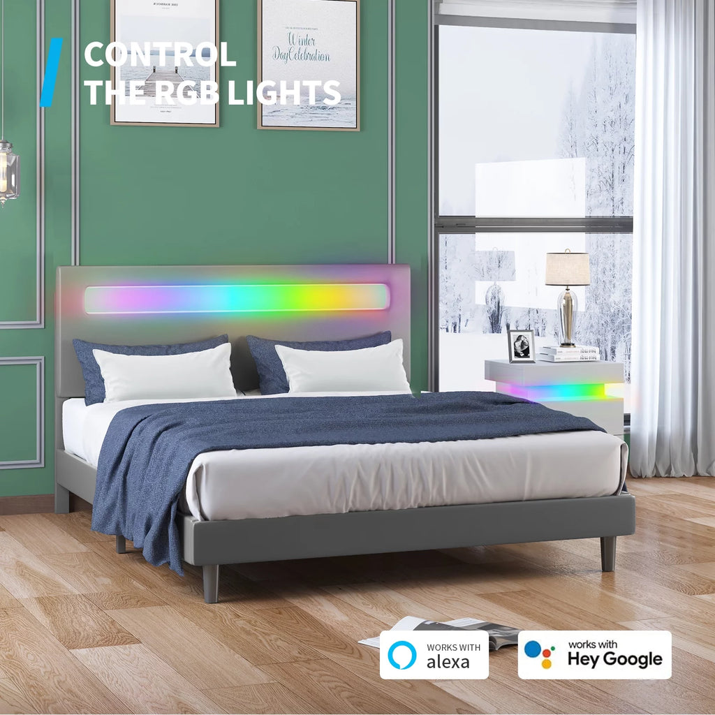 Full Size Grey Platform Bed Frame with LED Headboard L5008