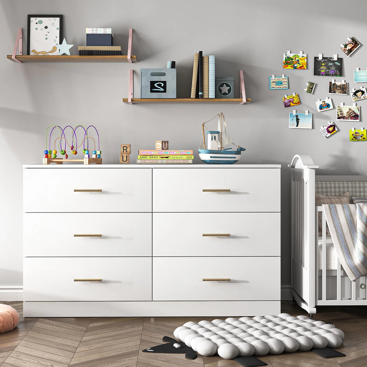 White Wood 6 Drawer Dresser D634