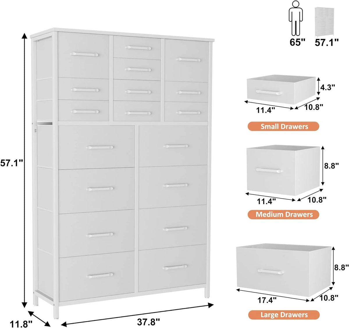 White 18 Drawer Fabric Dresser G268