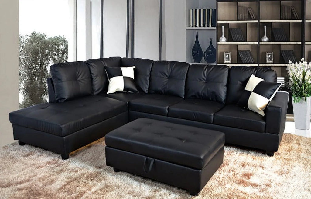 Black Left Facing Faux Leather Sectional Sofa with Ottoman G6599