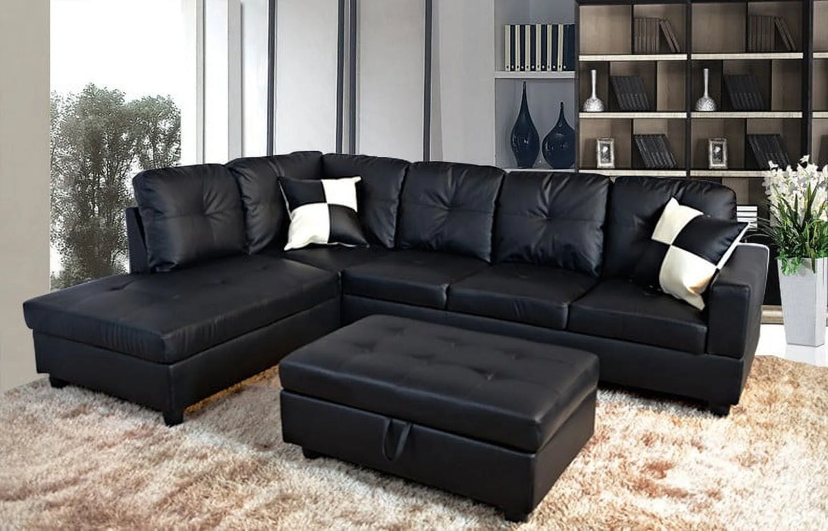 Black Left Facing Faux Leather Sectional Sofa with Ottoman G6599
