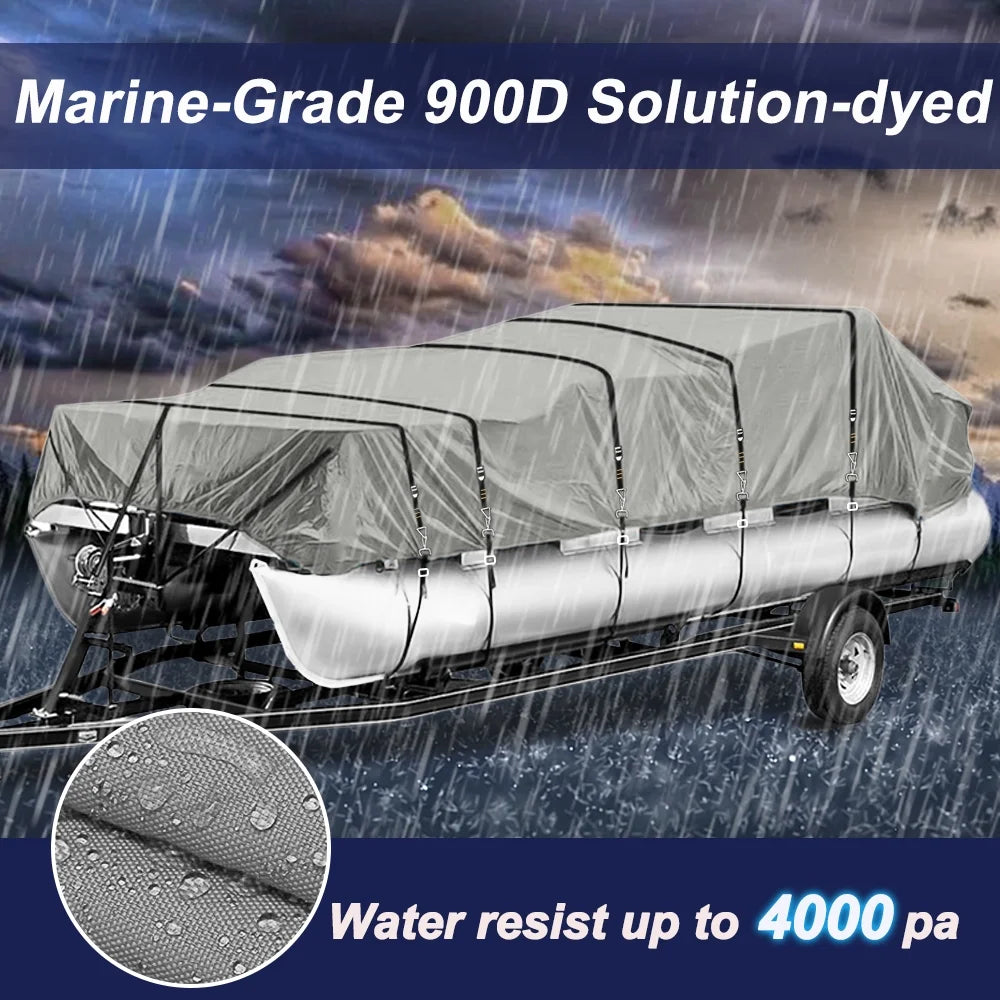 900D Waterproof Pontoon Boat Cover with Windproof Metal Buckle Straps Q22382