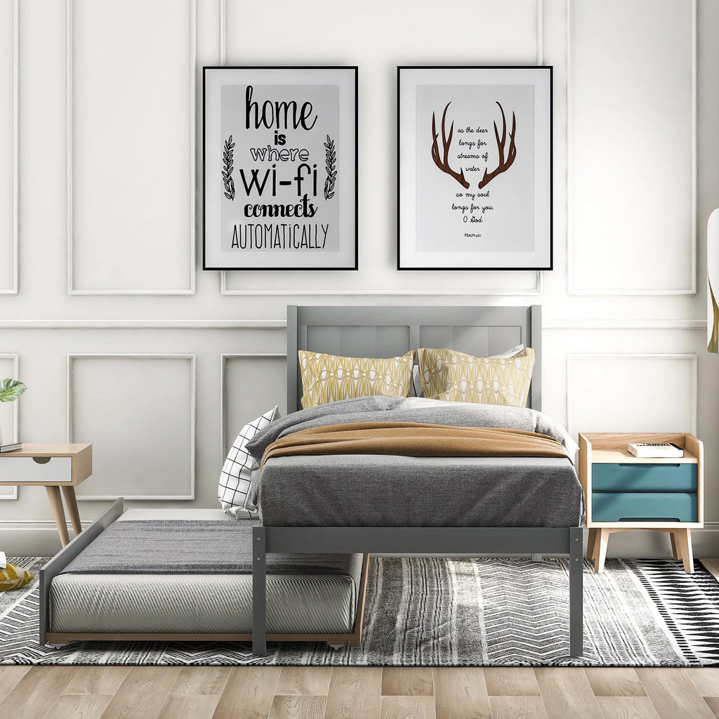 Twin Size Wood Platform Bed with Trundle Q47976