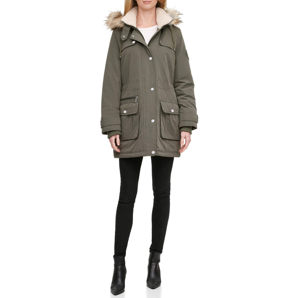 Olive Faux-Fur Trim Hooded Water-Resistant Anorak Coat Q55217