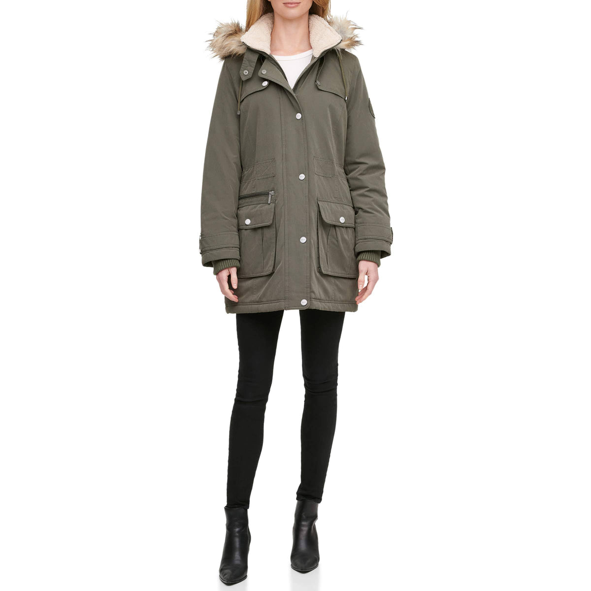 Olive Faux-Fur Trim Hooded Water-Resistant Anorak Coat Q55217