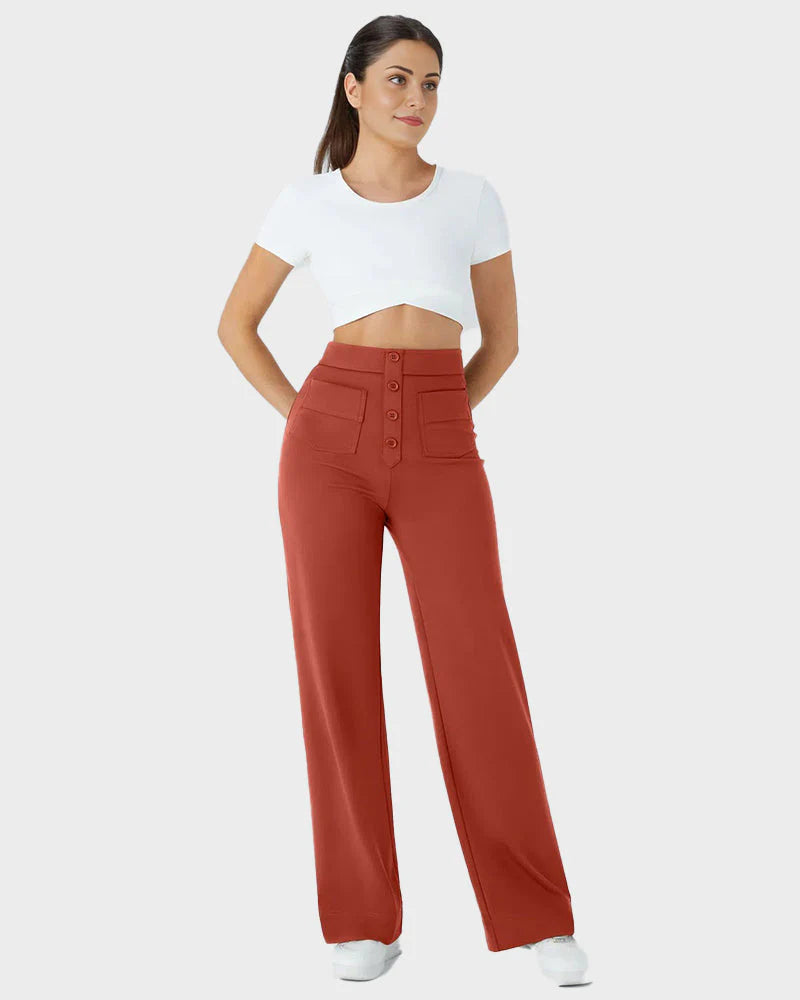 High-Waist Button Front Straight-Leg Pants B75424