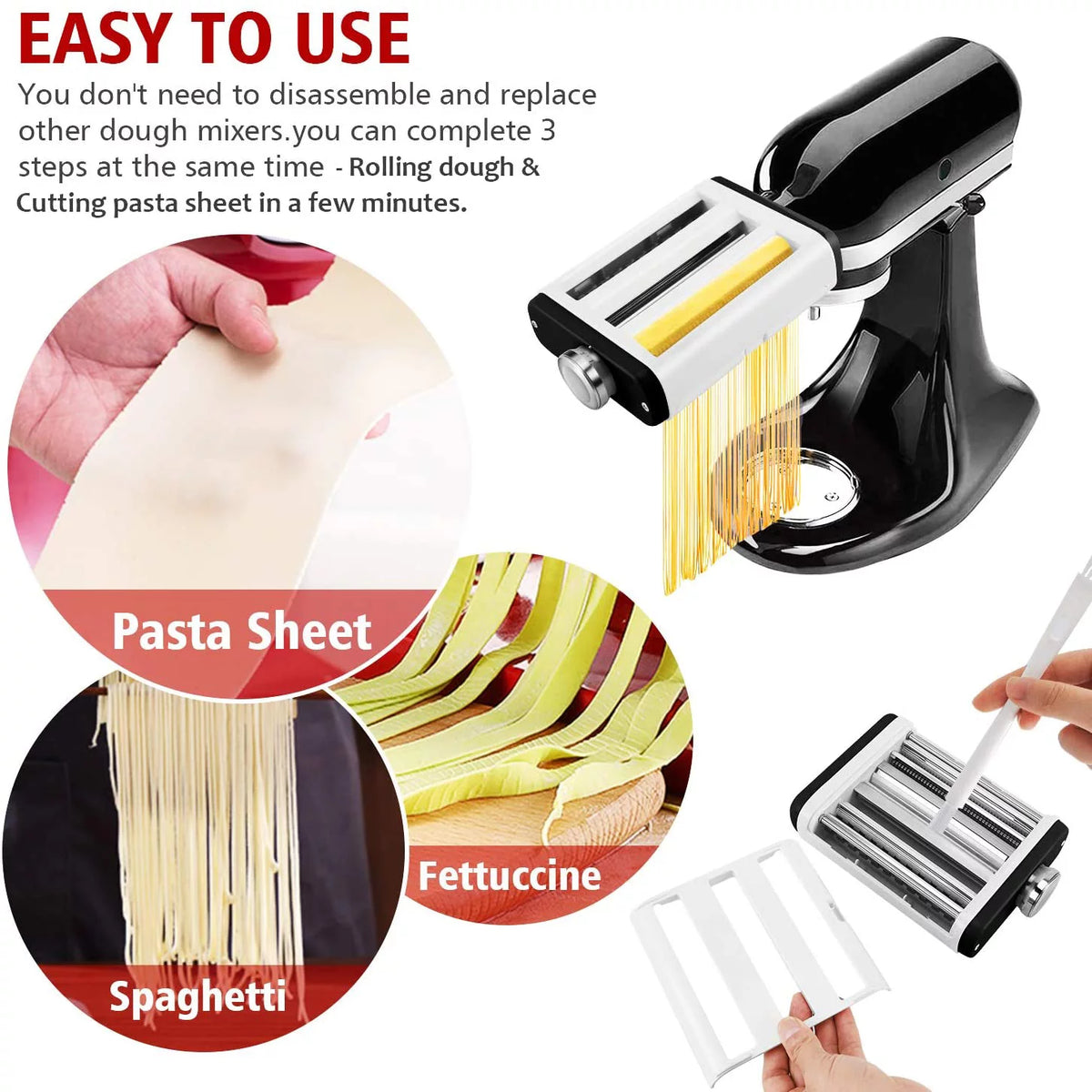 3 In 1 Pasta Maker Attachment for Kitchenaid Mixer with Pasta Dough Roller, Spaghetti Cutter, Fettuccine Cutter and Cleaning Brush G776108