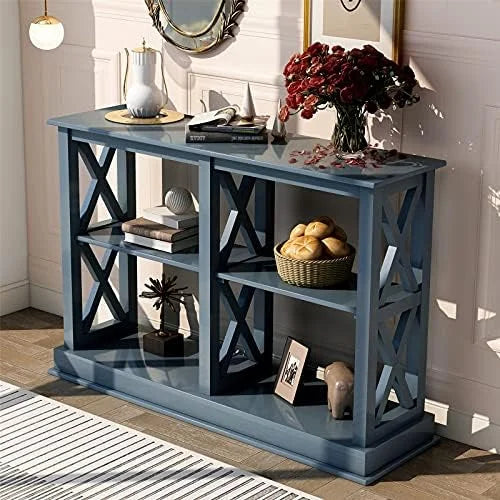 Navy Blue 3-Tier Wood Console Table with Shelves Z515140