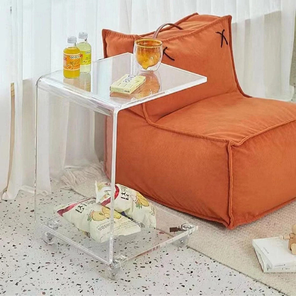 Clear Acrylic C-Shaped Bedside Table on Wheels N6932