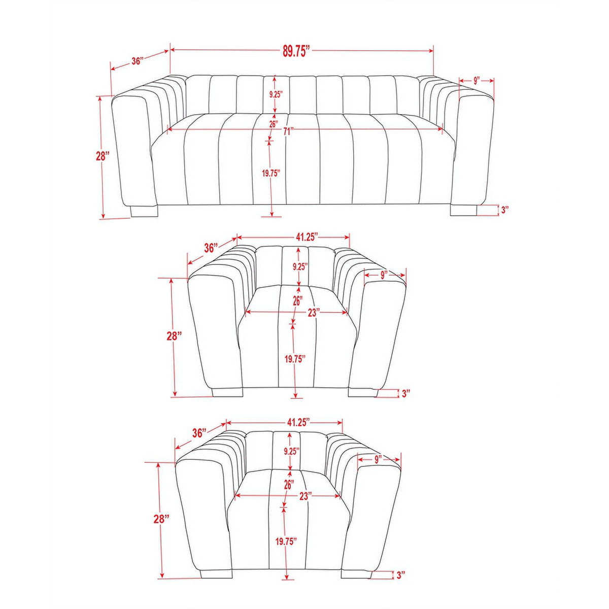 Gray Velvet Fabric Sofa and 2 Armchairs Set D58507