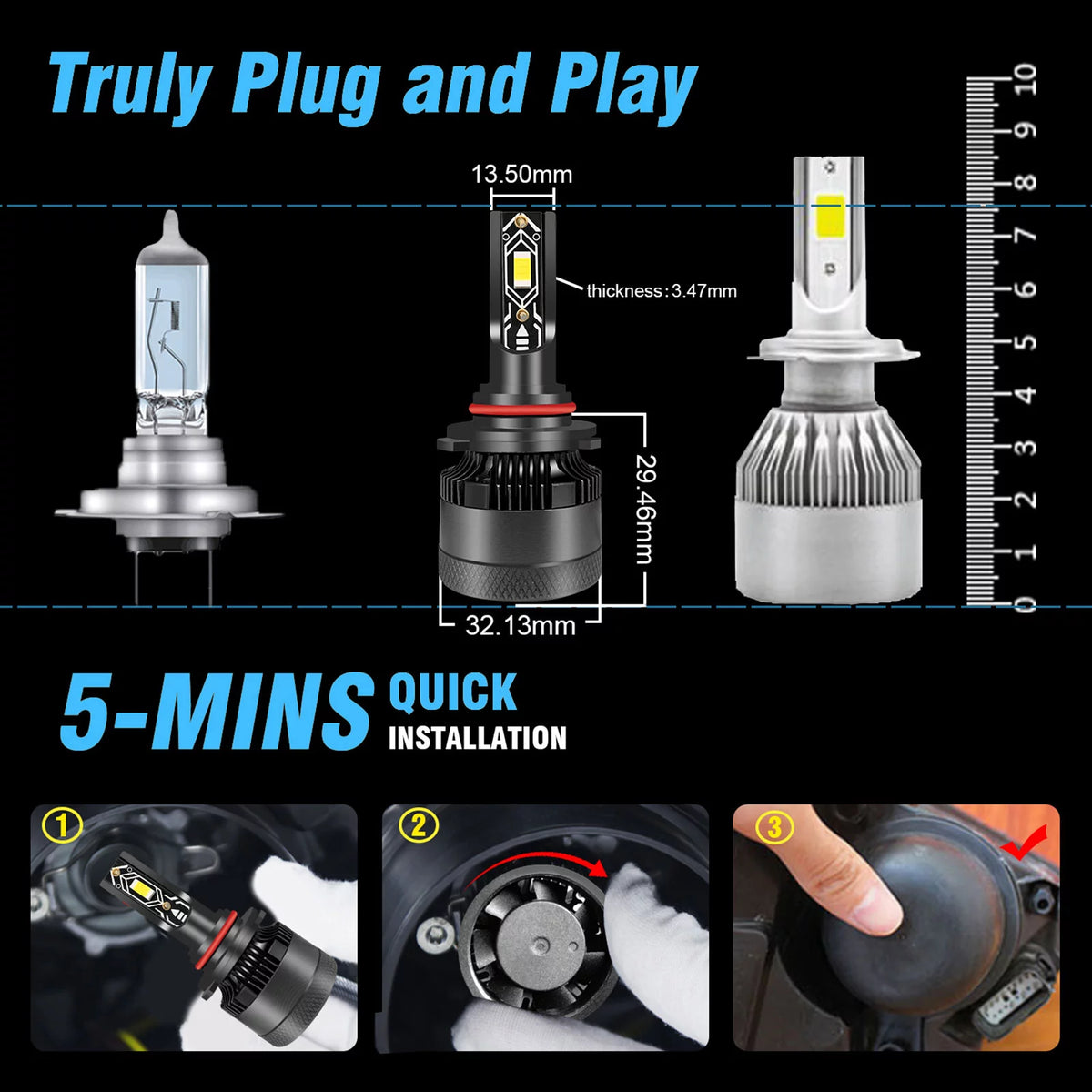 9005/HB3 LED Headlight Bulbs 100W 20000 Lumens 6500K Cool White IP68 Waterproof Pack of 2 T5437