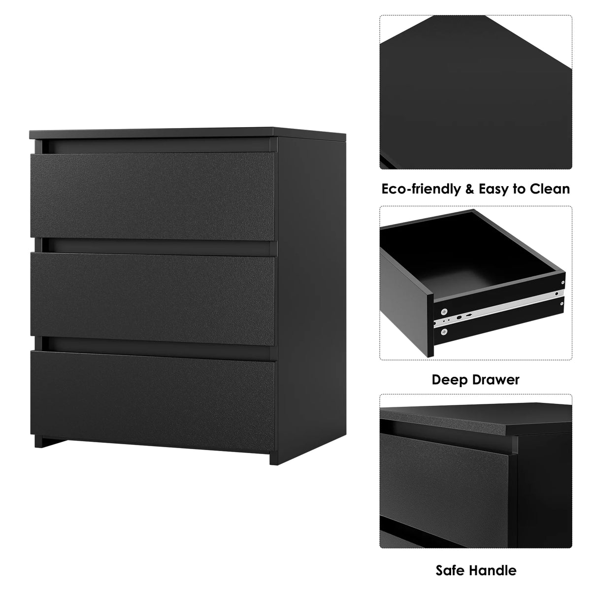 Black 3 Drawer Nightstand Set of 2 F3061