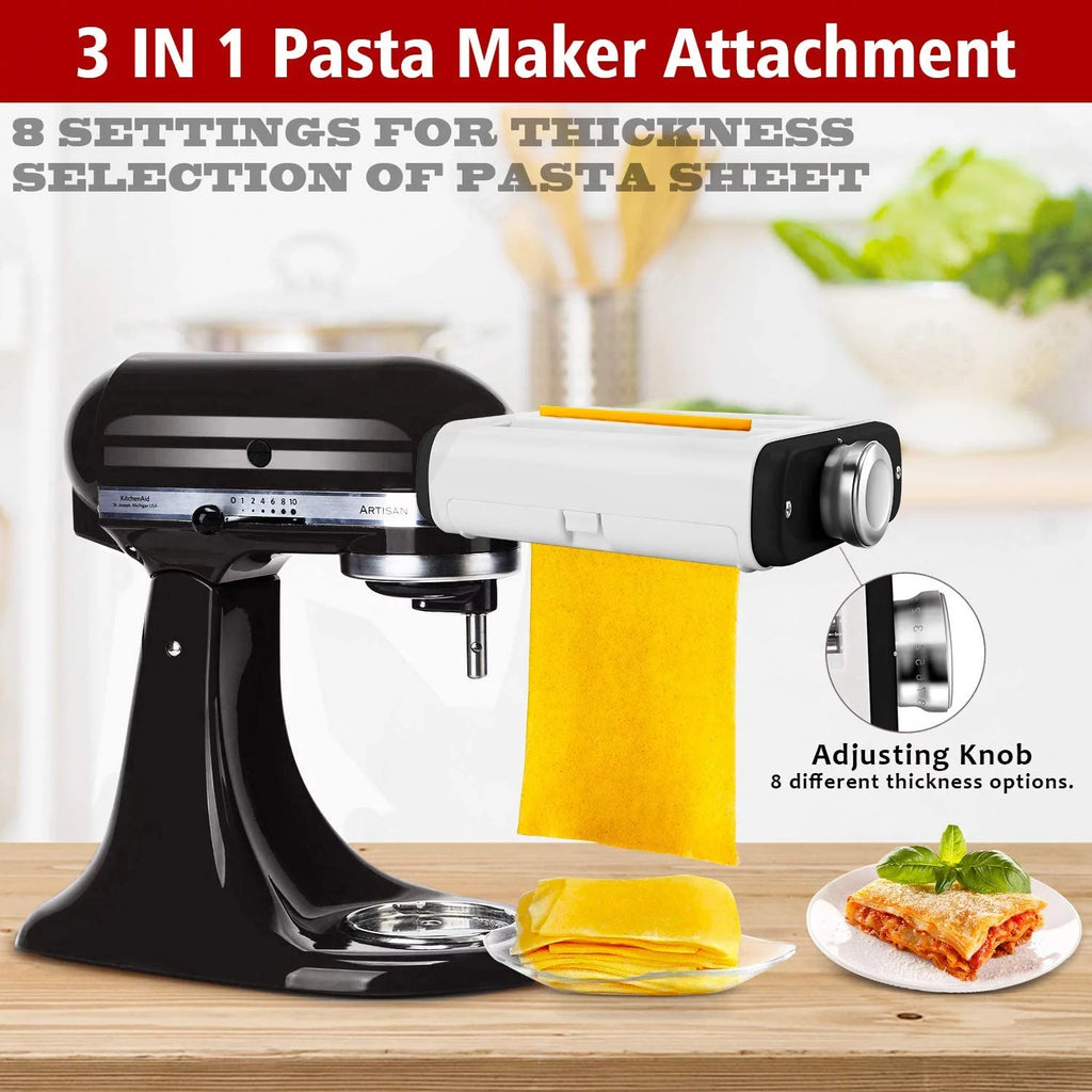 3 In 1 Pasta Maker Attachment for Kitchenaid Mixer with Pasta Dough Roller, Spaghetti Cutter, Fettuccine Cutter and Cleaning Brush G776108