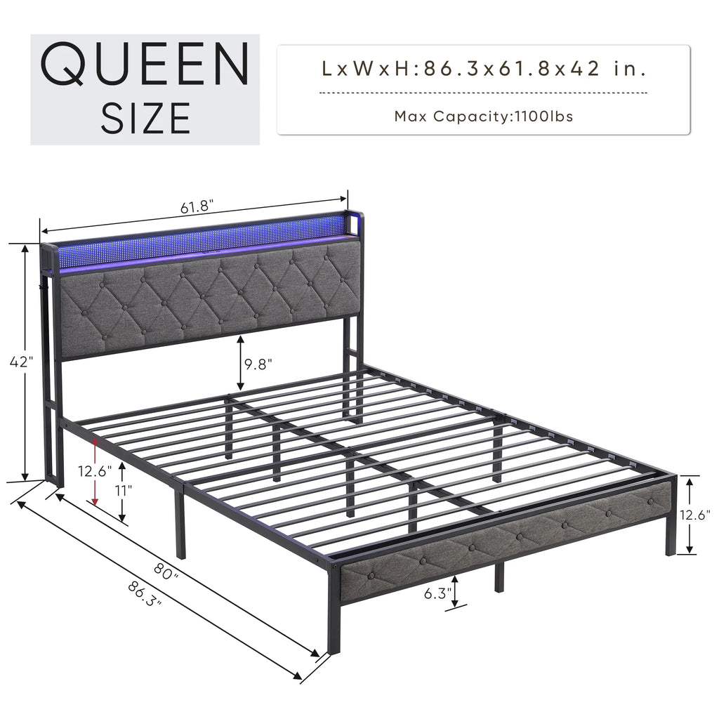 Full Size Upholstered Platform Bed Frame with USB Ports X80337