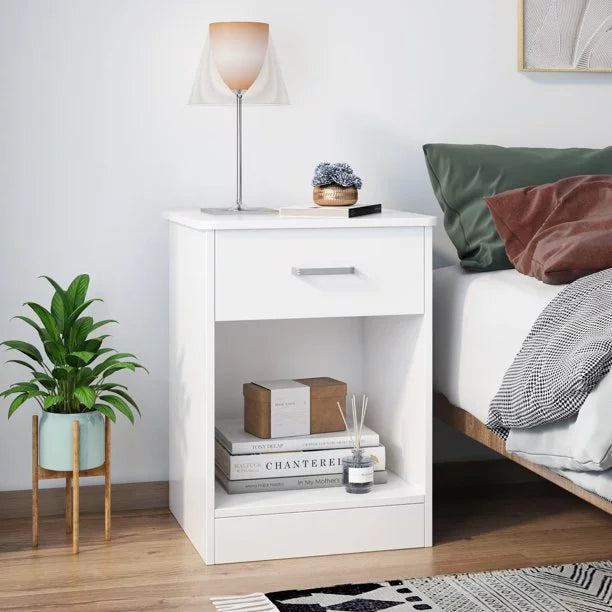 White 2-Tier Nightstand with Drawer and Storage Shelf, Set of 2 O2766