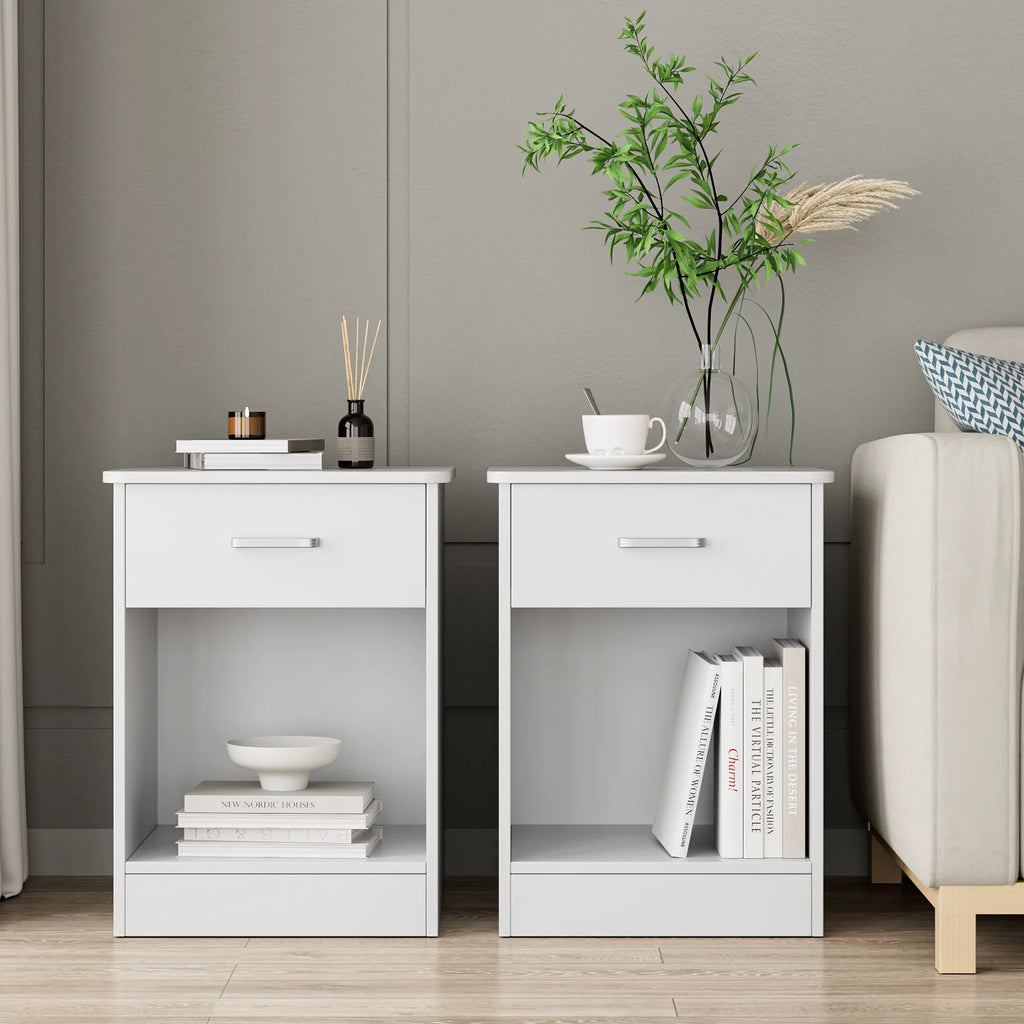 White 2-Tier Nightstand with Drawer and Storage Shelf, Set of 2 O2766