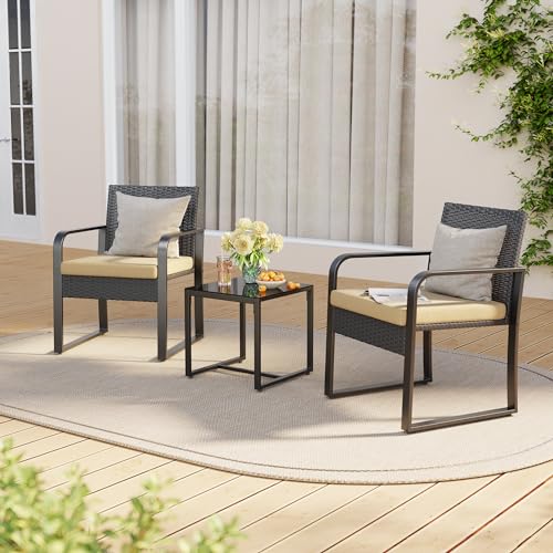 3 Piece Black Wicker Patio Bistro Set with Coffee Table C7222