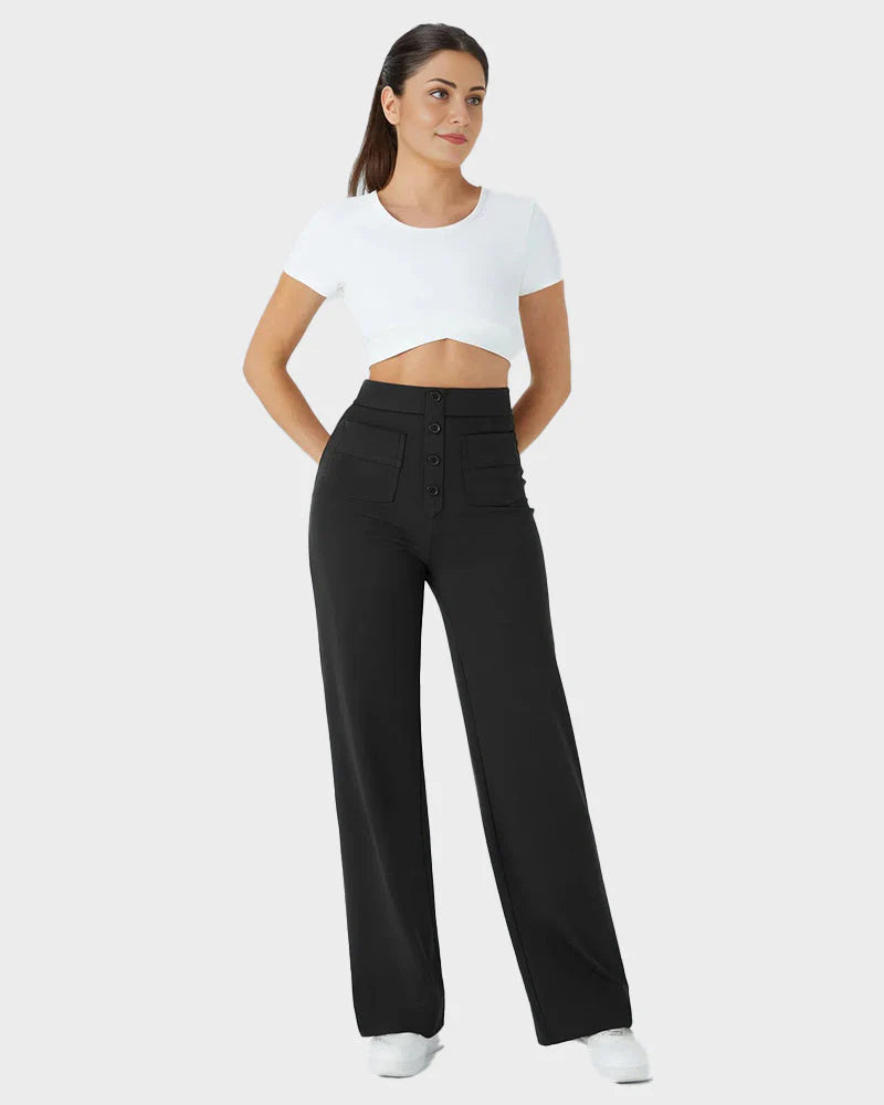 High-Waist Button Front Straight-Leg Pants B75424