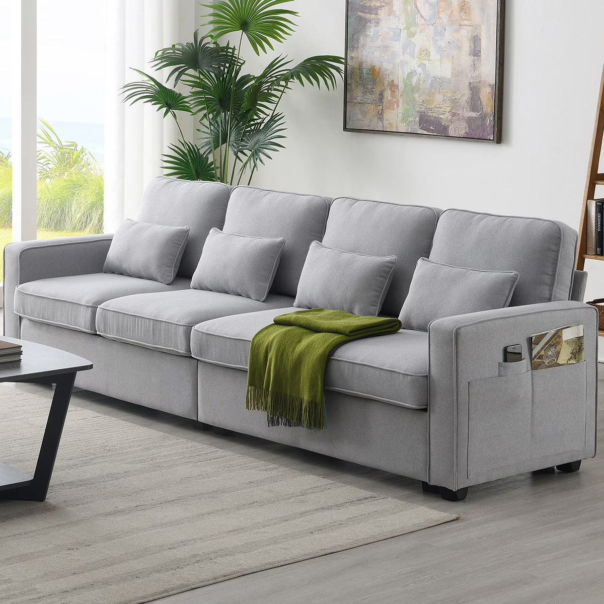 Light Grey 4-Seater Linen Fabric Sofa with 4 Pillows C474482