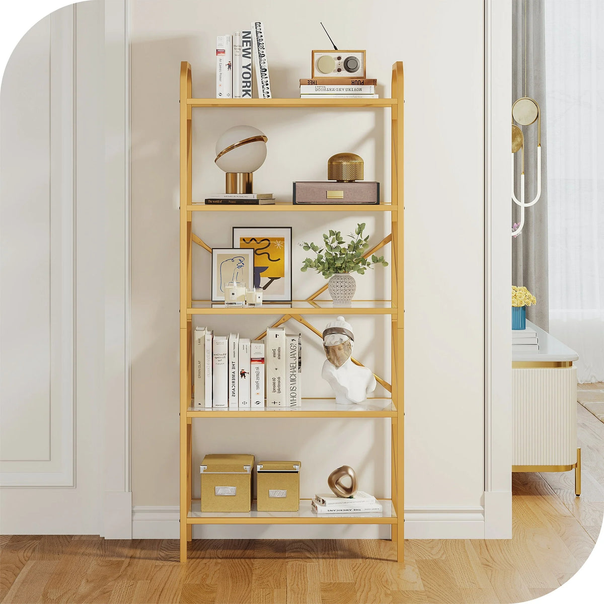 5-Tier 62-inch Gold Metal and Glass Bookshelf H944367