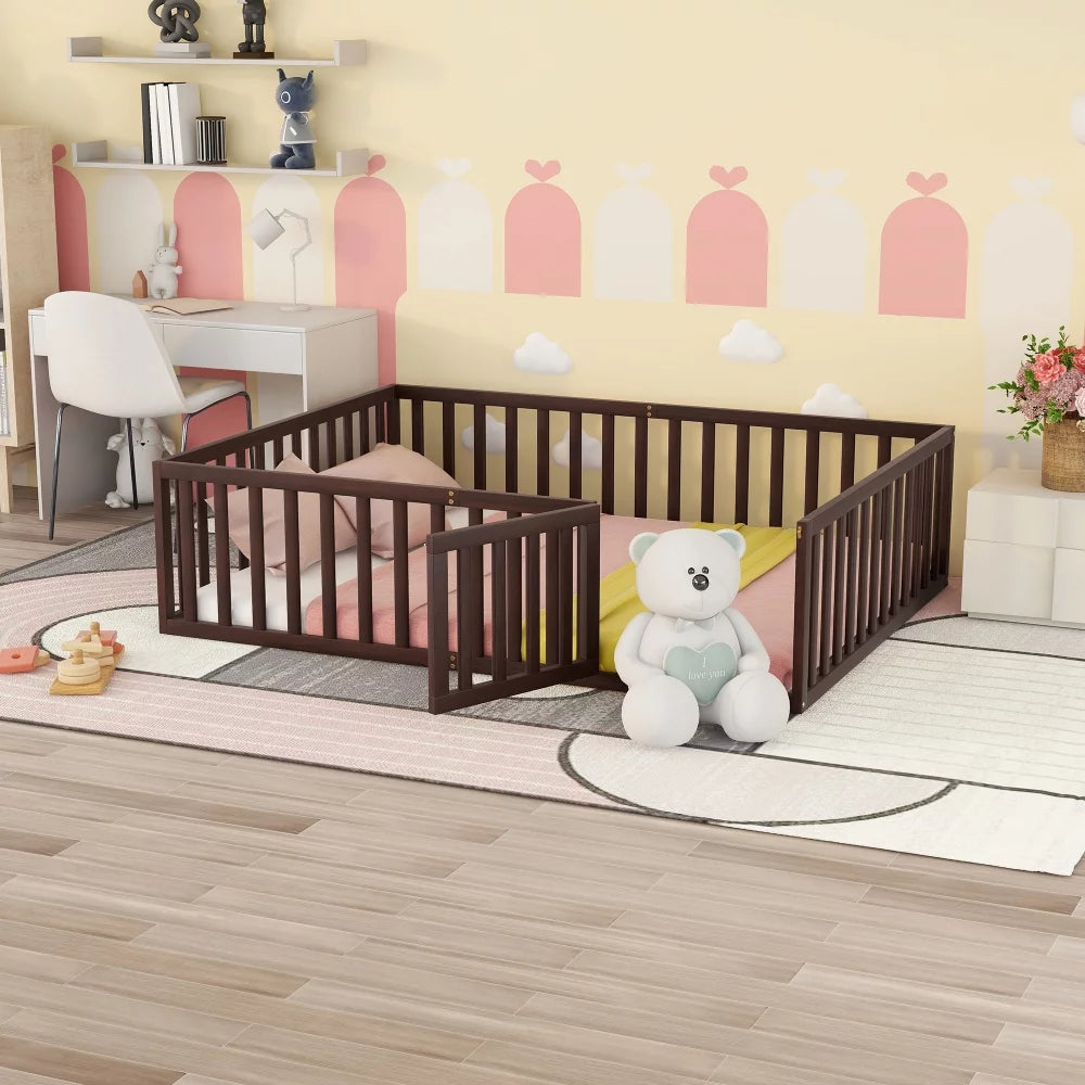Queen Size Solid Wood Floor Bed Frame with Fence Rail and Door V405