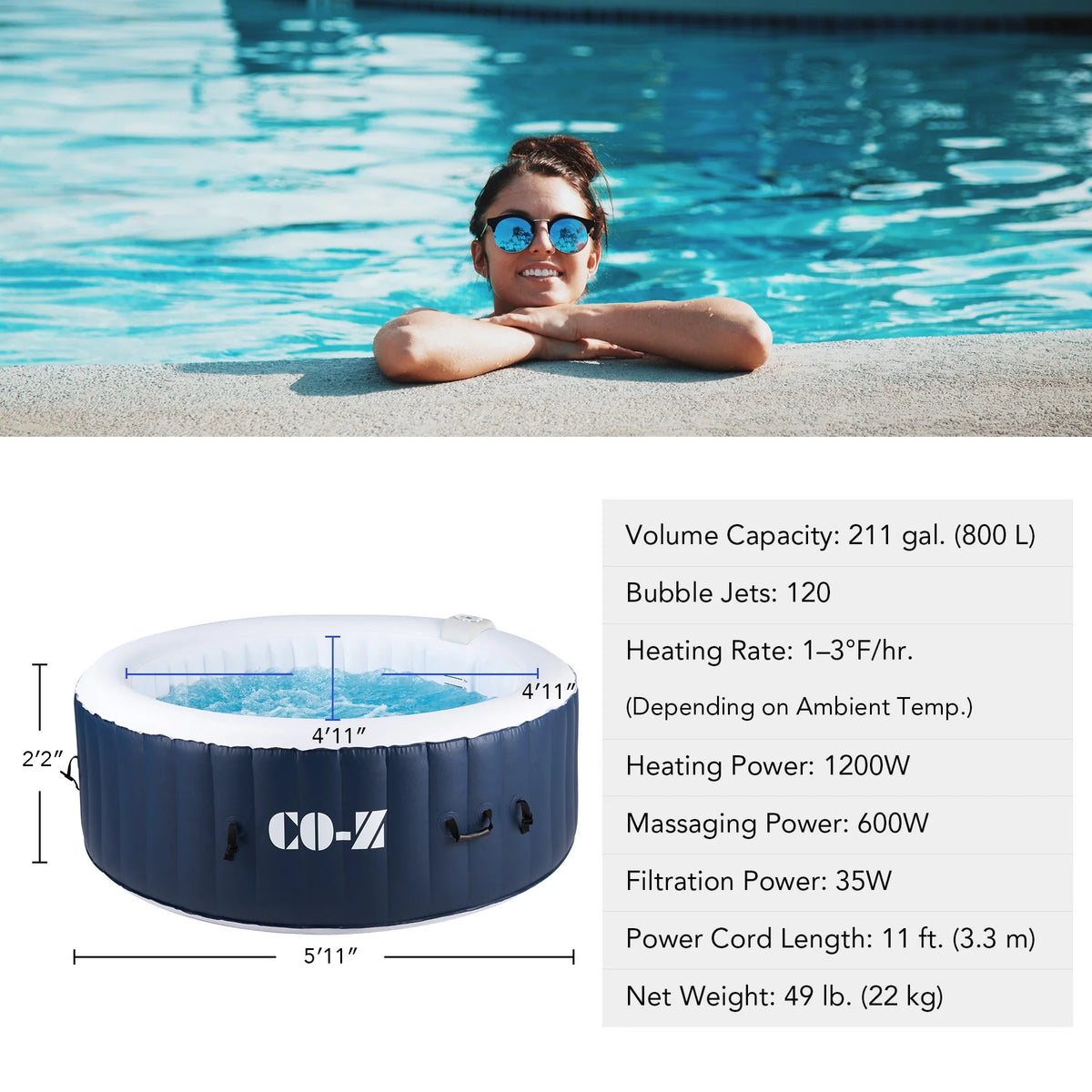 6x6ft PVC Inflatable Spa Tub with 120 Massaging Jets W416